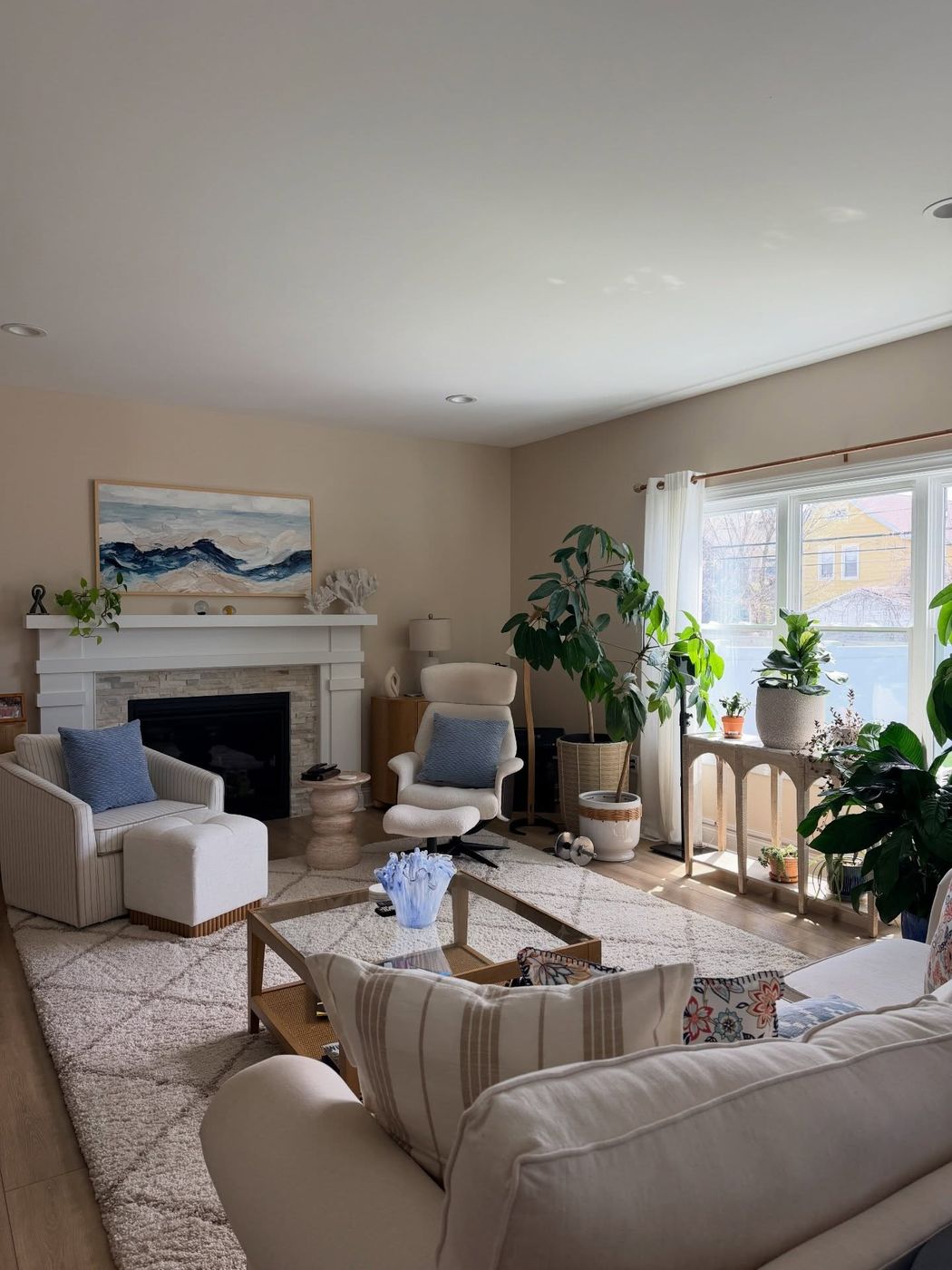 Bright, plant-filled living room after cleaning